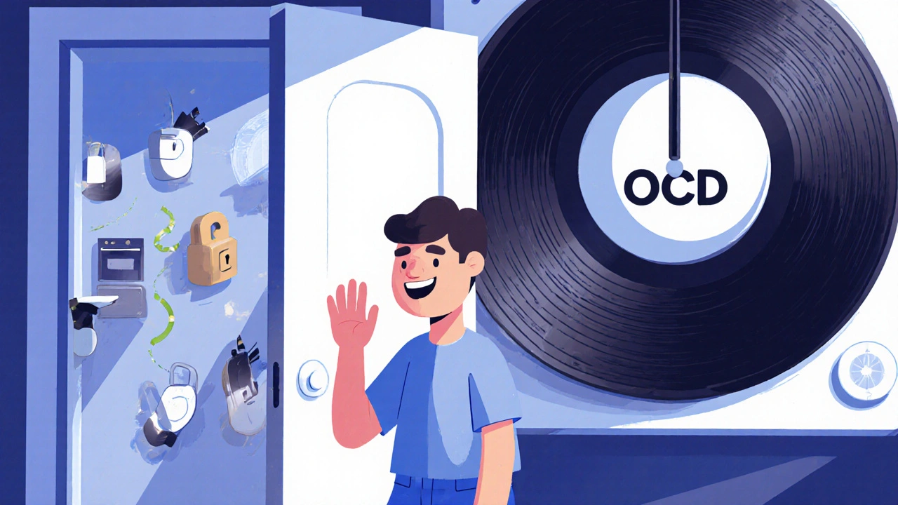 A man walks out the door free from OCD rituals, as a smooth record player represents mental clarity.