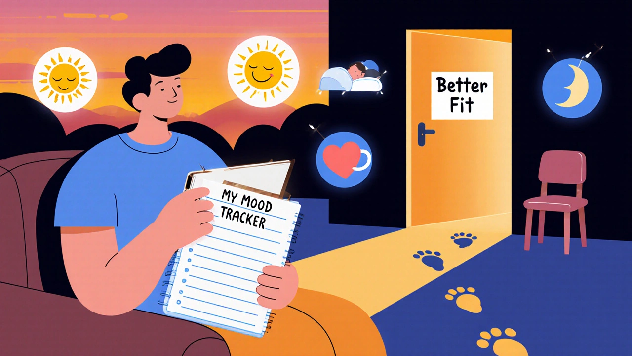 A person tracking their mood with symbols of sleep, energy, and therapy leading to a bright door.