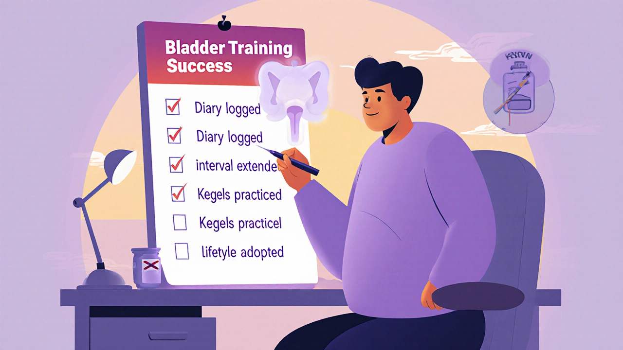A relaxed cartoon adult checks off a bladder training success list with a glowing, calm bladder illustration above.