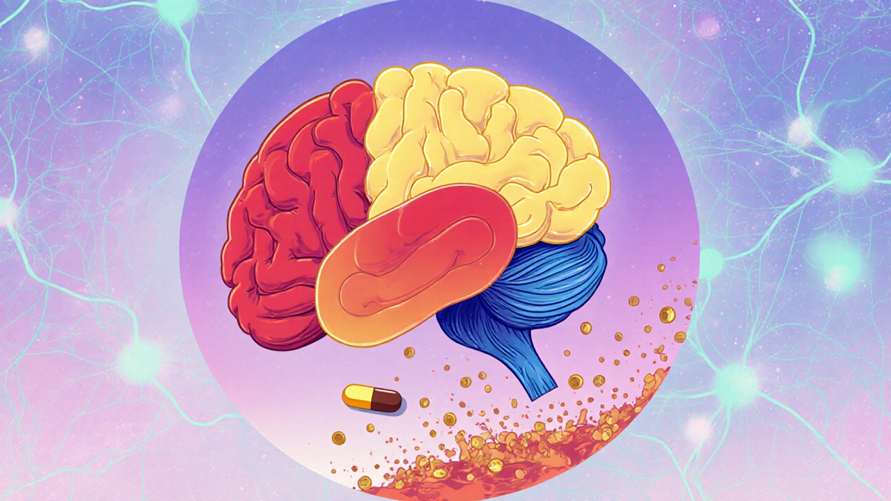 A stylized brain with flowing blood rivers calms neural activity, aided by a tiny pill.