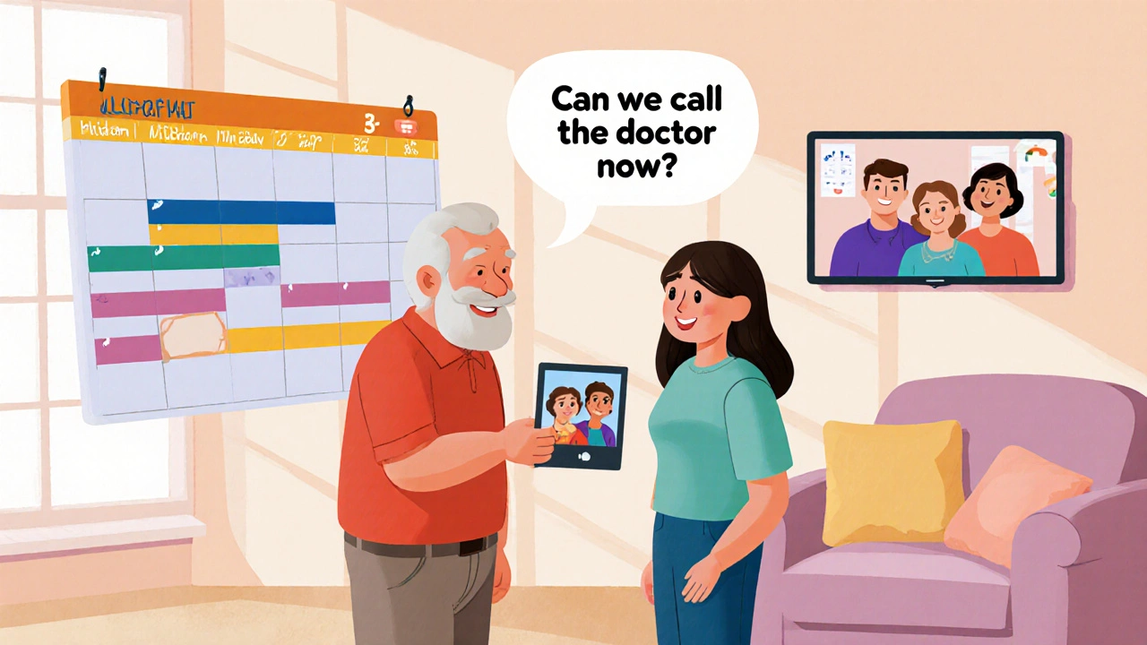 Adult child helps parent with schedule board while siblings video chat in the background.