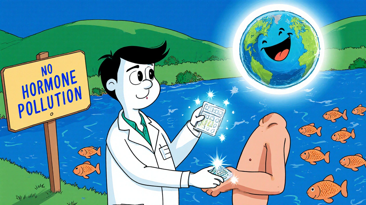 Animated future lab showing a transdermal patch applied while fish swim in a clean river.