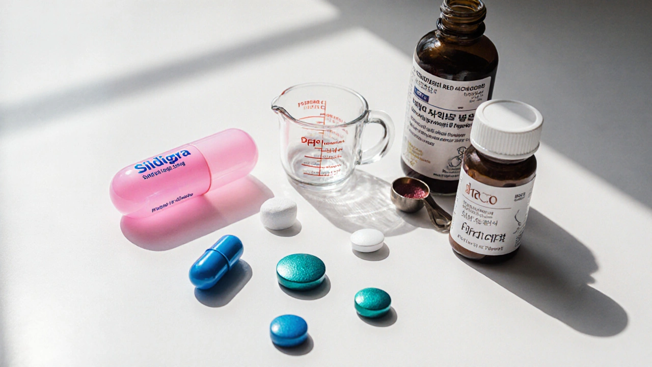 Array of ED medications and supplements arranged on a clean white surface.