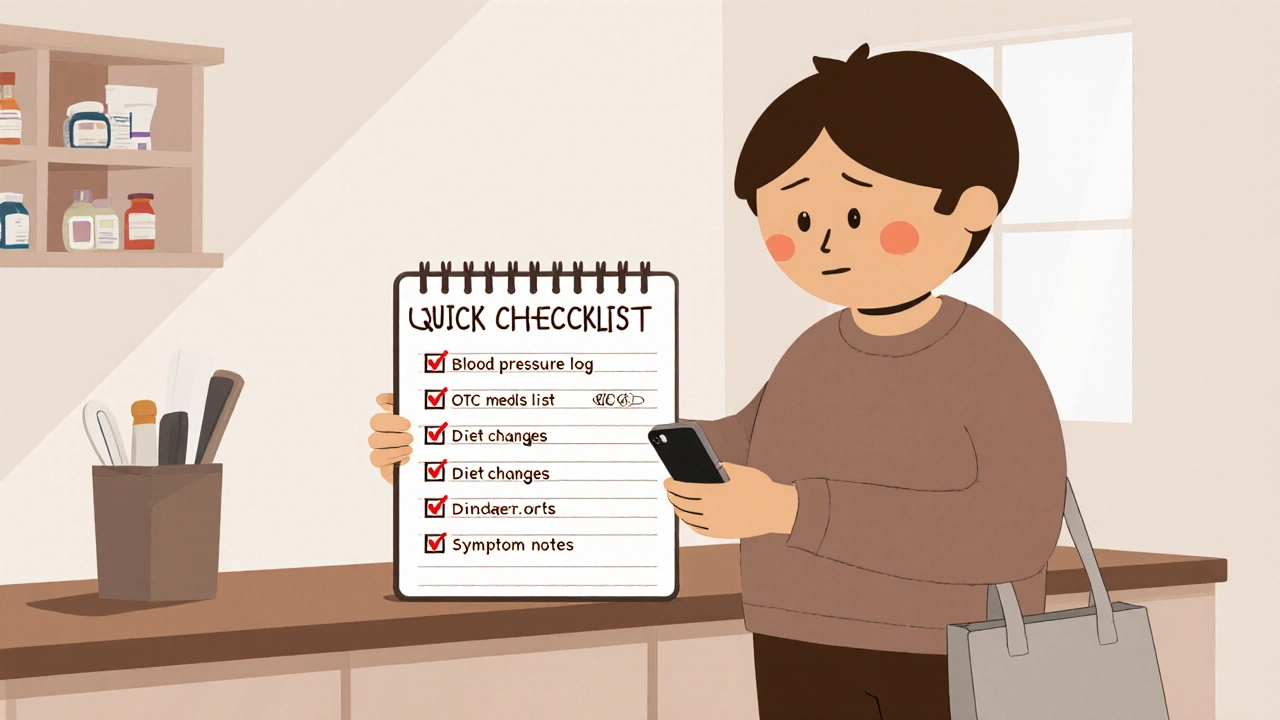 Cartoon character reviewing a checklist before a pharmacy visit, holding a notebook.