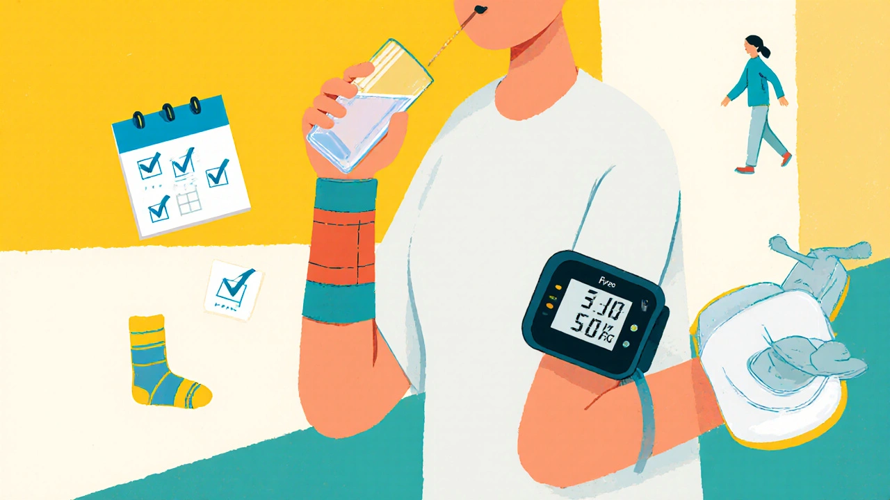 Cartoon character with compression socks, drinking water, and checking blood pressure.