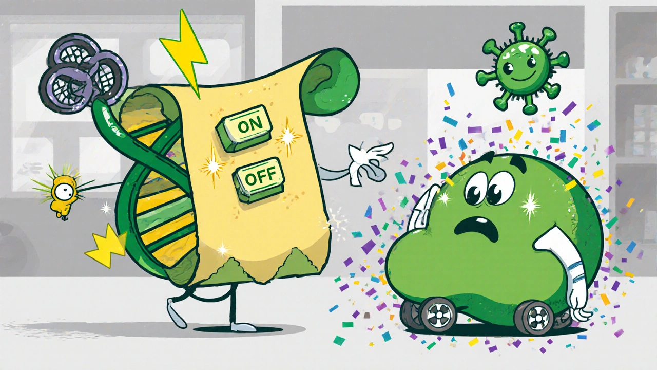Cartoon DNA switches, radiation, benzene molecule, and virus hovering toward a startled stem cell.