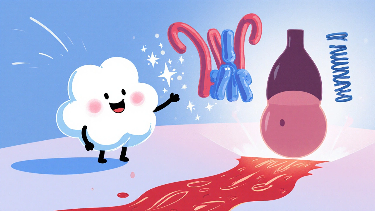 Cartoon illustration of nitric oxide, cGMP, and blood flow showing tadalafil action.