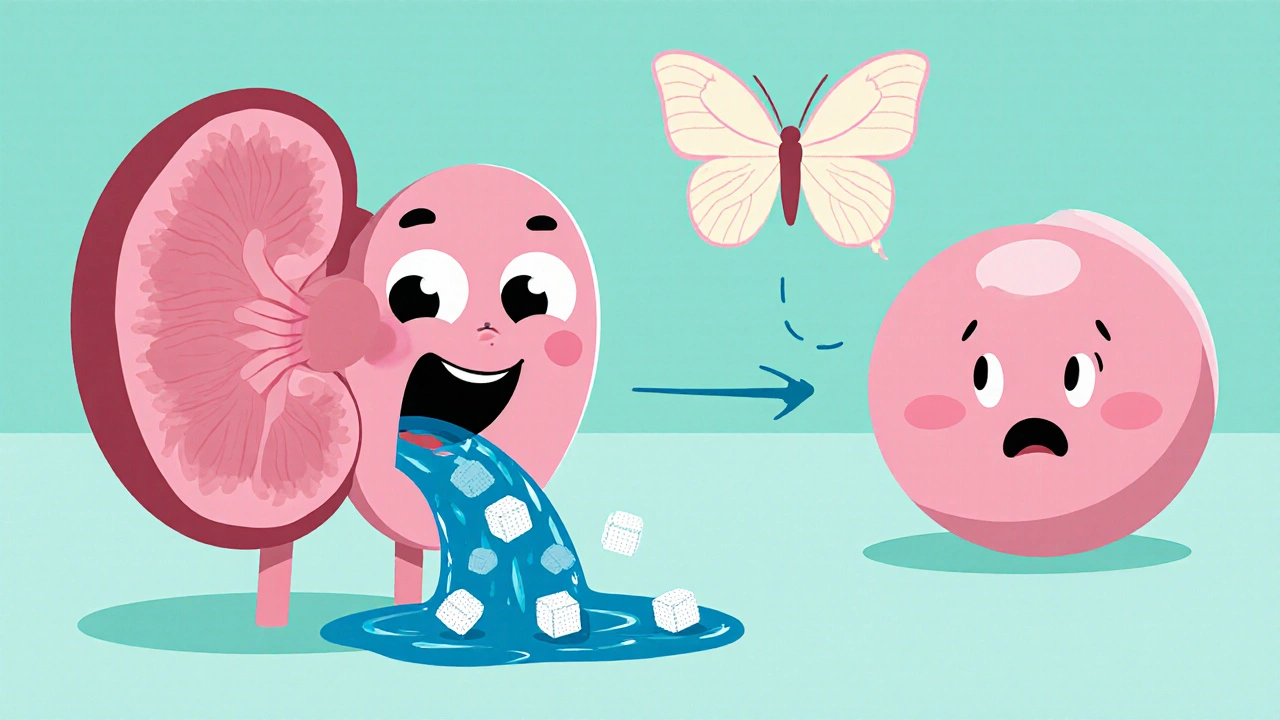 Cartoon kidney filtering sugar urine near a surprised thyroid gland.