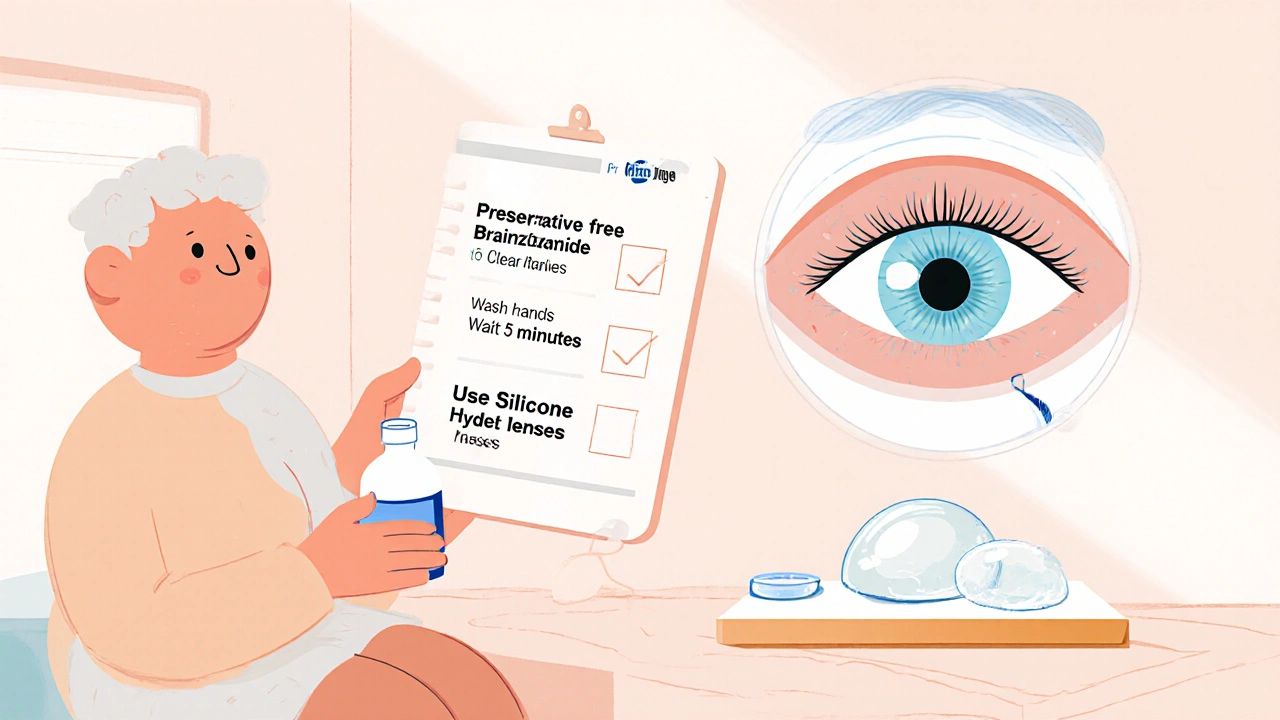 Cartoon patient and eye doctor reviewing tips with a preservative‑free bottle and a cloudy lens.