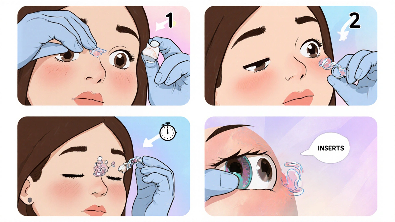 Comic panel showing removing lenses, applying drops, waiting, then inserting lenses.