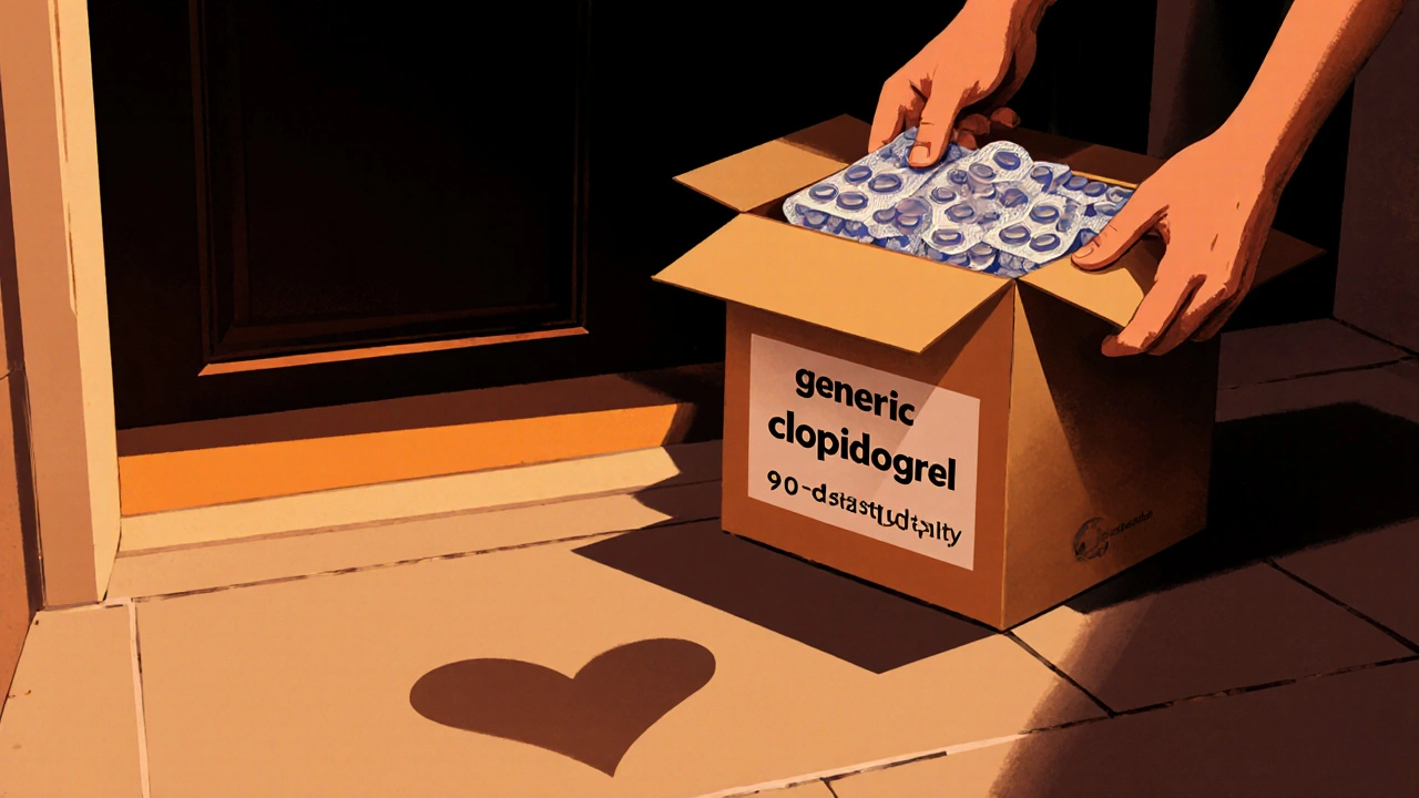 Courier box opened to reveal generic clopidogrel tablets on a doorstep at dusk.