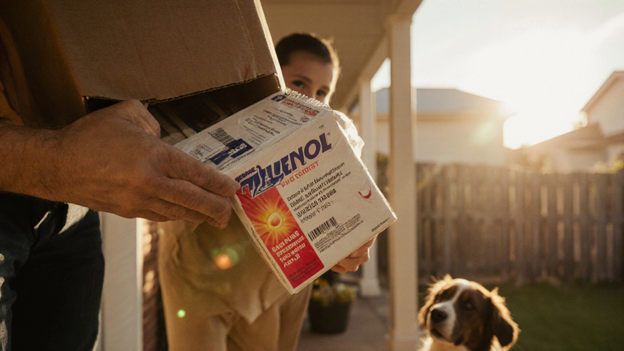 Customer receives parcel with generic Tylenol box featuring TGA logo at sunrise.