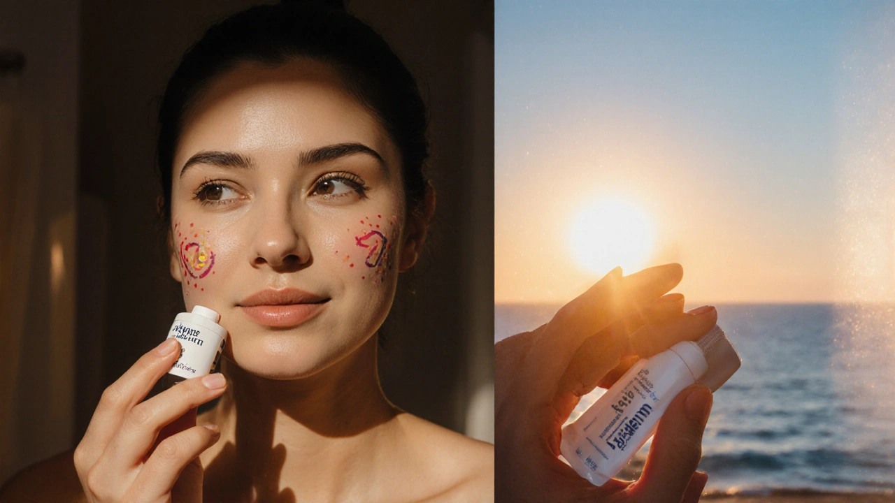 Digital art of nighttime skincare routine showing skin improvement and sunscreen use.