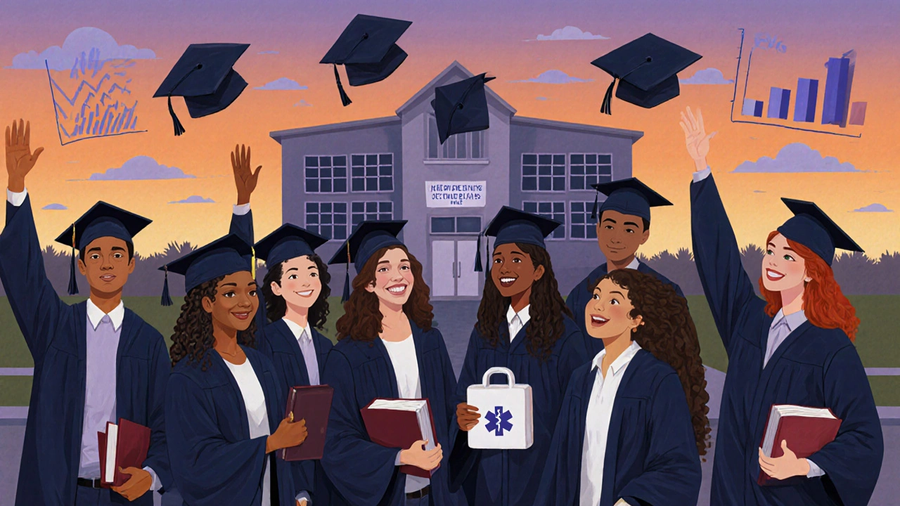 Diverse graduates celebrating outside a school with a health center wing, hopeful sky.