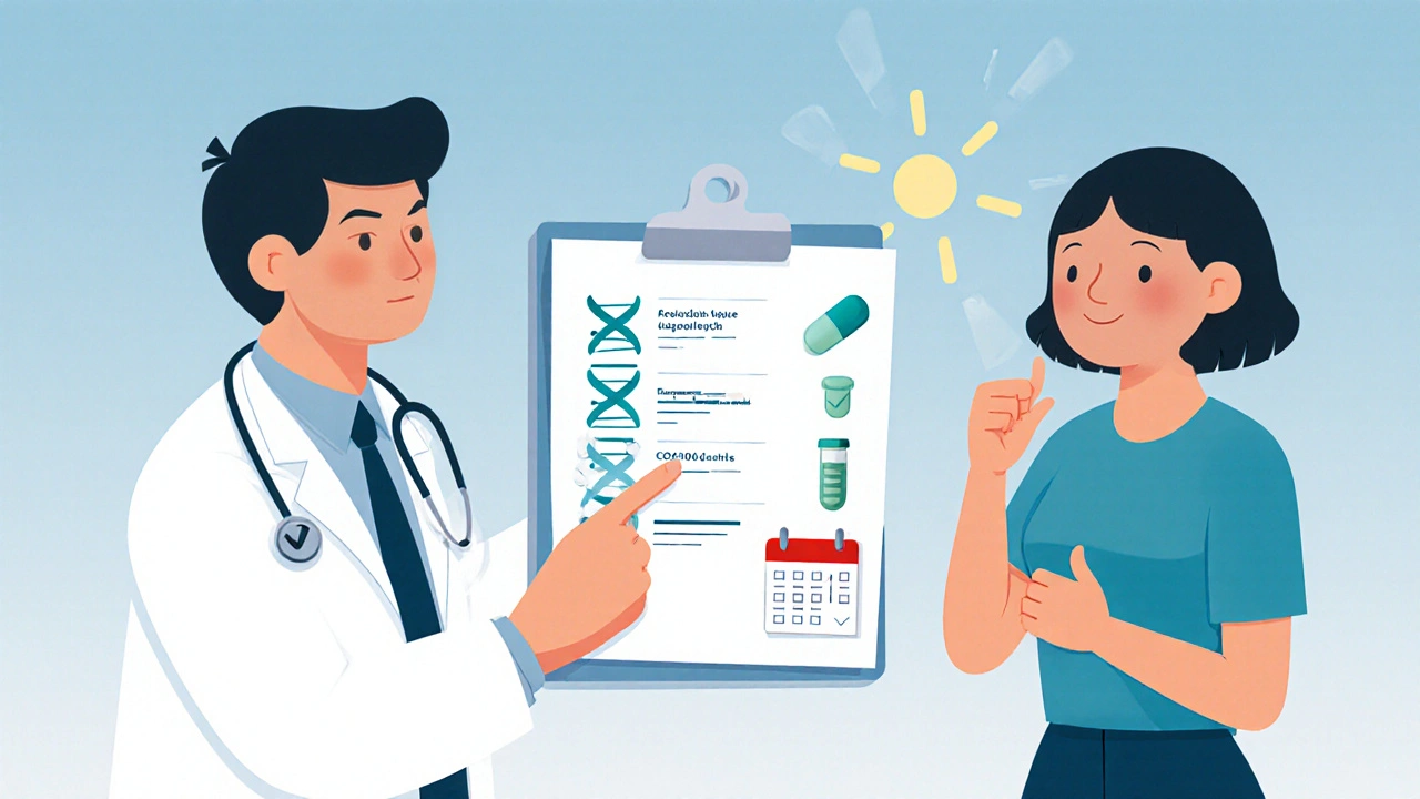 Doctor and patient reviewing a checklist with icons for genetics, rosuvastatin, CoQ10, CK test, and calendar.