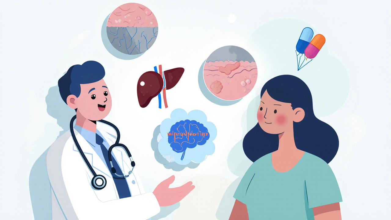 Doctor and patient with icons for side effects, nanocarrier delivery, and pill partnership.