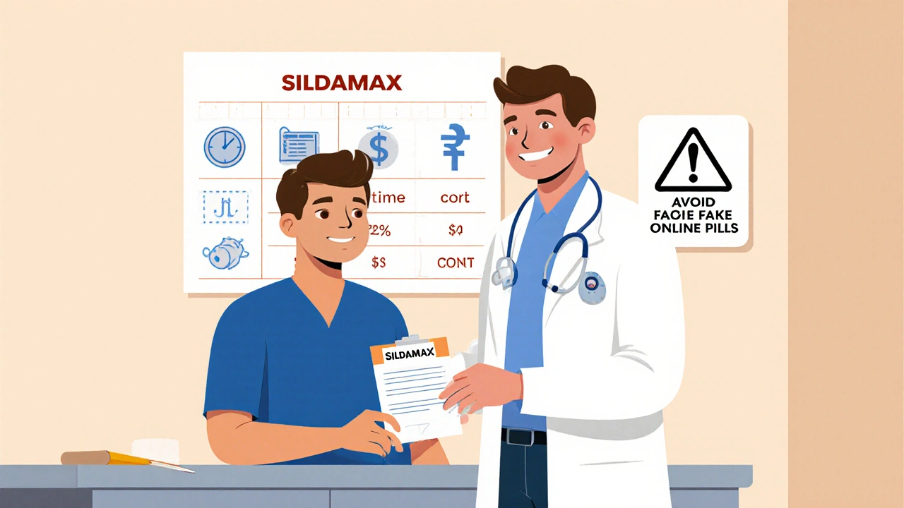 Doctor giving Sildamax prescription with visual comparison chart in background