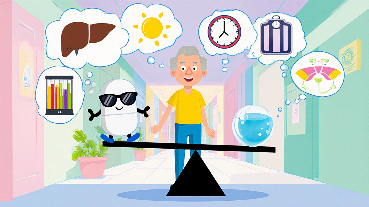 Elderly cartoon character weighing Esbriet and Nintedanib with thought bubbles of side effects.