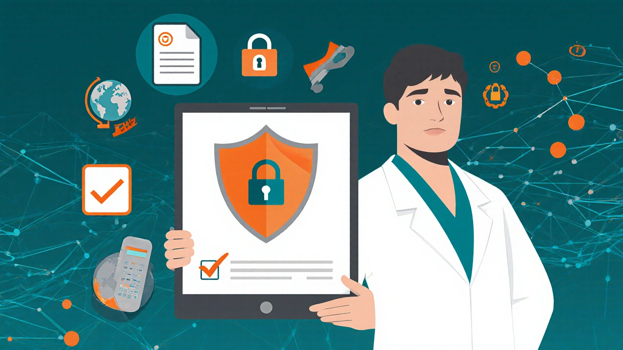 Illustrated pharmacist checking prescription with verification icons around.