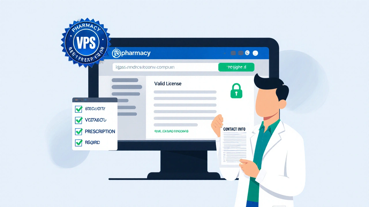 Illustration of a pharmacy website showing security seals and a pharmacist with a checklist.