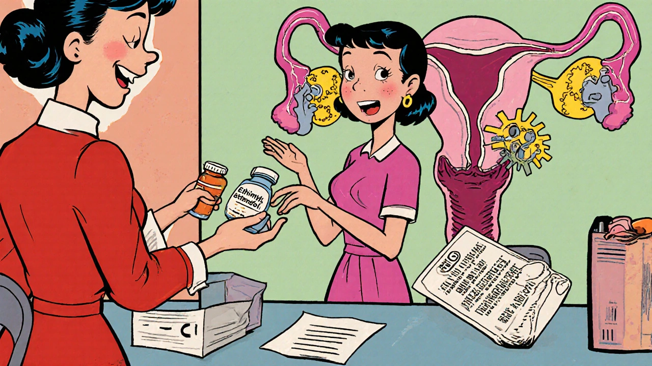 Looney Tunes pharmacy scene where a nurse hands a pill bottle of ethinylestradiol to a smiling woman.