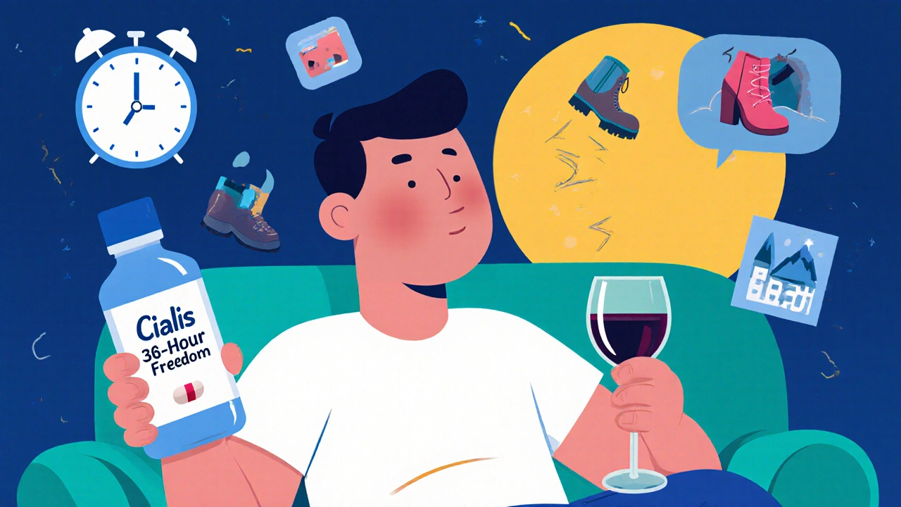 Man enjoying freedom with Cialis pill as time extends from evening to next day