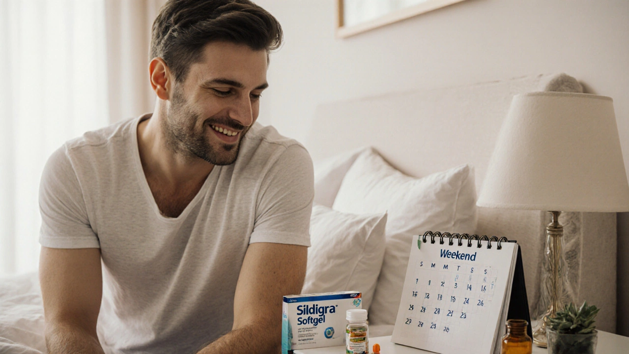 Man in bedroom contemplating medication choice with calendar and supplements nearby.