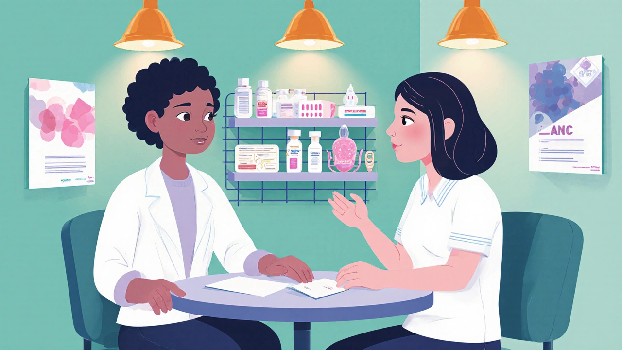 Nurse and teen having a private counseling session with contraceptive options displayed.