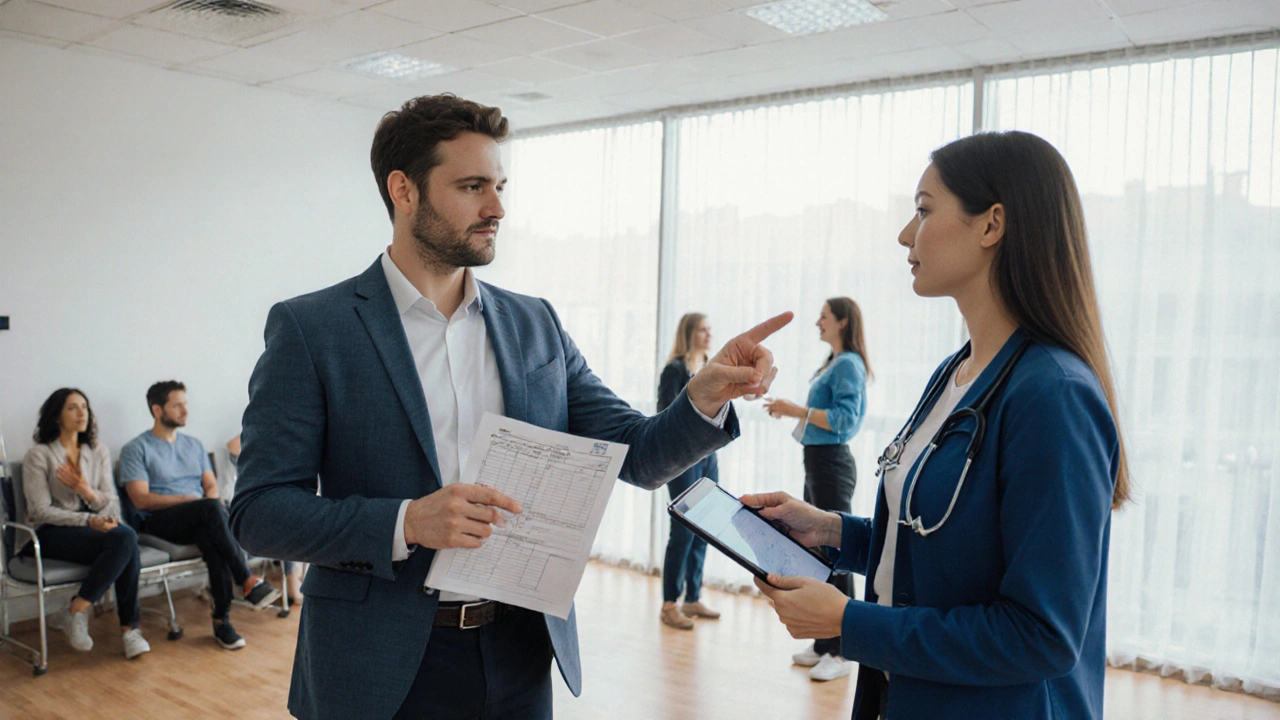 Patient and doctor reviewing a symptom log in a bright clinic, with physiotherapist and support group nearby.