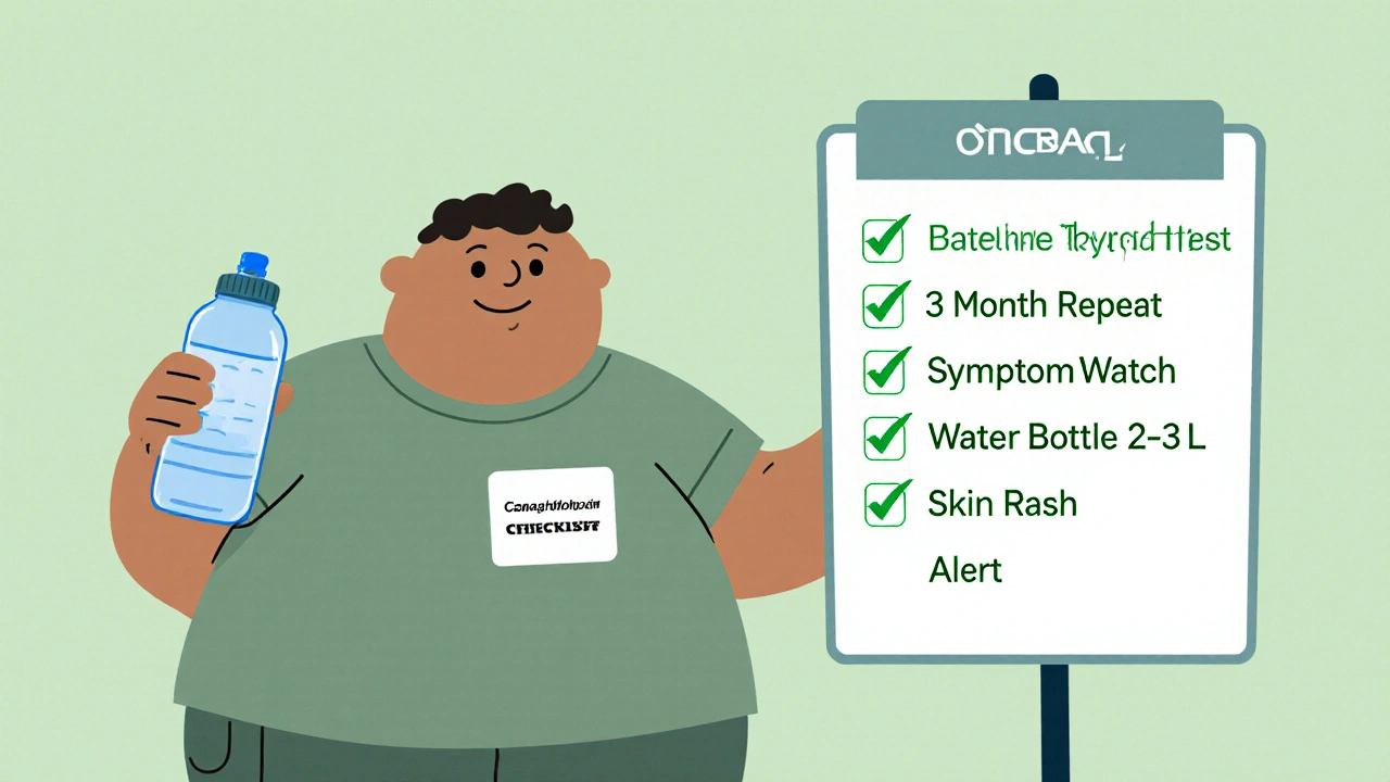 Patient checking a health monitoring list with water bottle and pill badge.