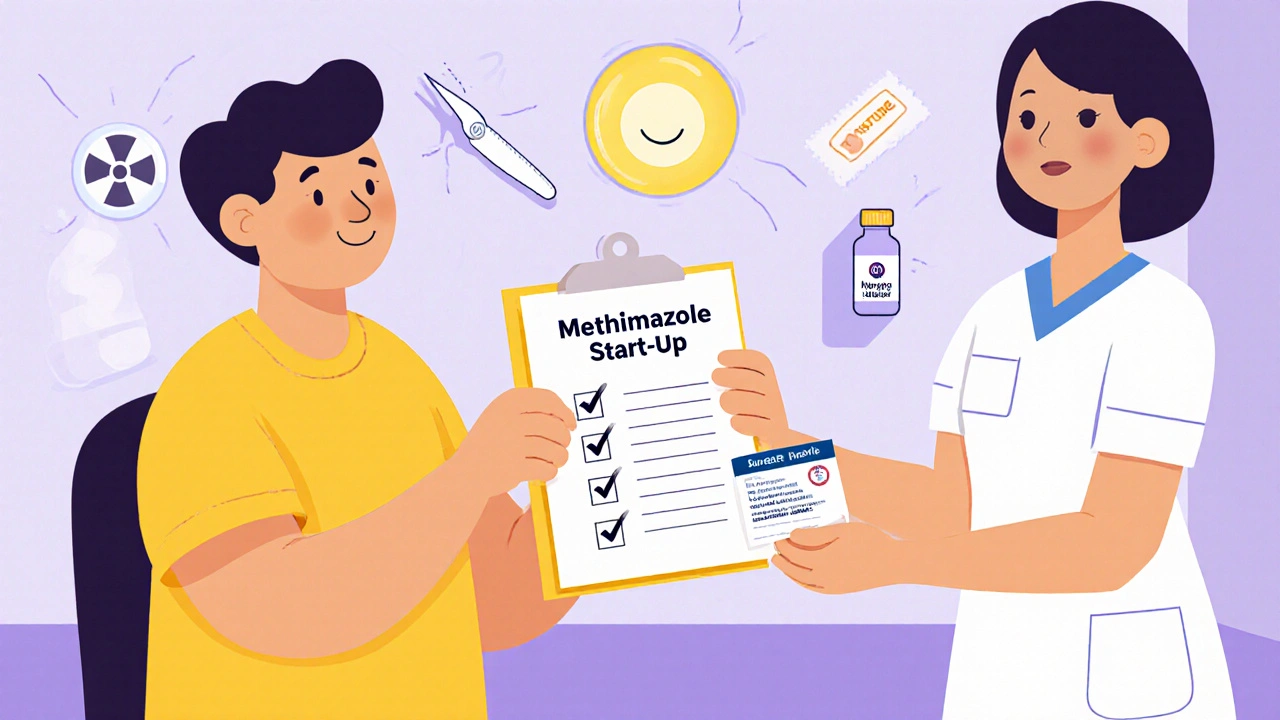 Patient reviews a checklist while nurse gives a medical alert card, with future treatment icons in background.