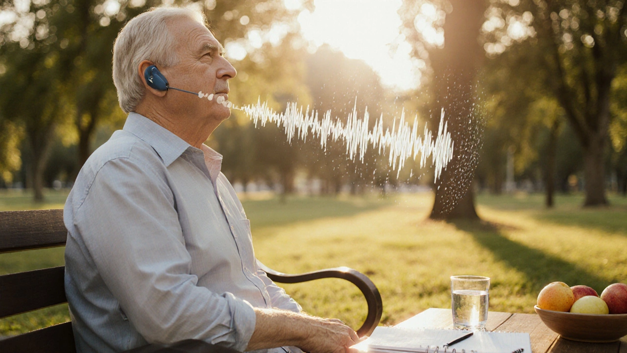 Person with hearing aid enjoying nature sounds, reflecting treatment and prevention.