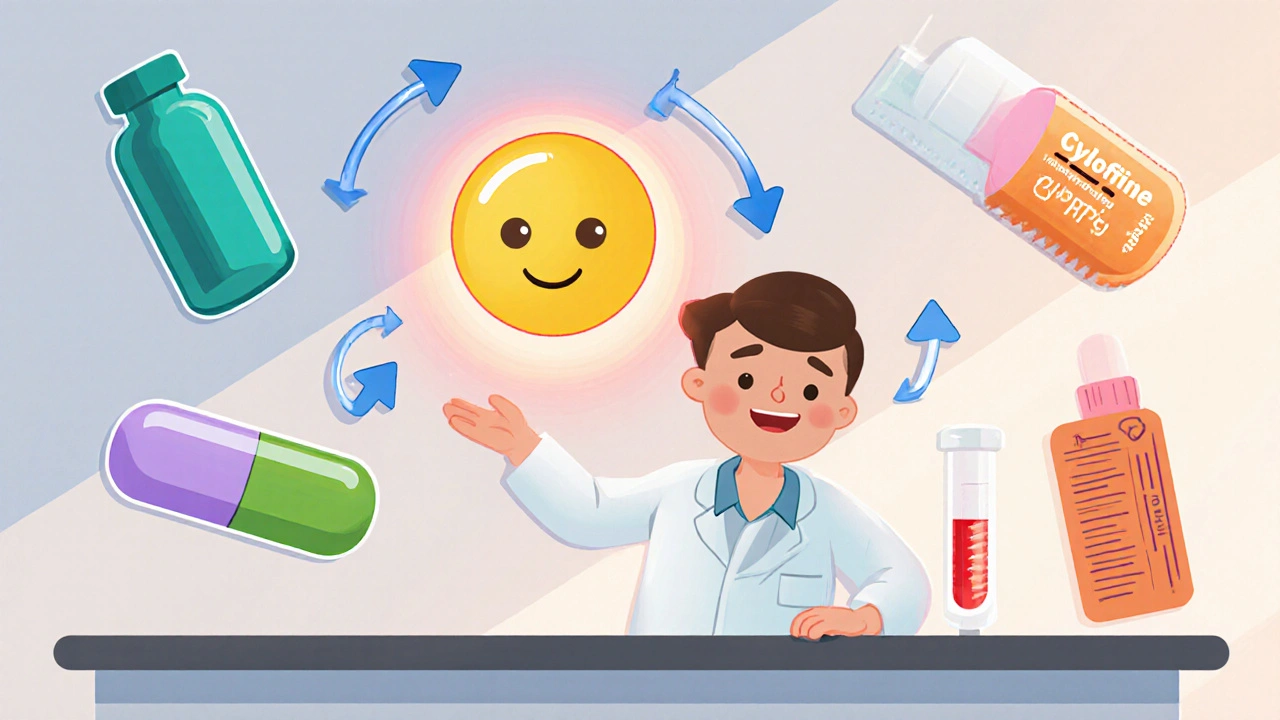 Pharmacist cartoon with floating drug icons surrounding a central statin pill and CK test tube.