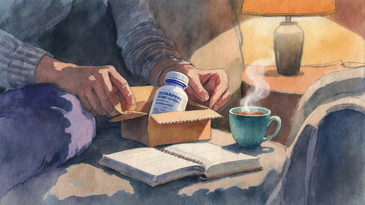 Recipient opening a discreet package with medication bottle and wellness items in a cozy room.