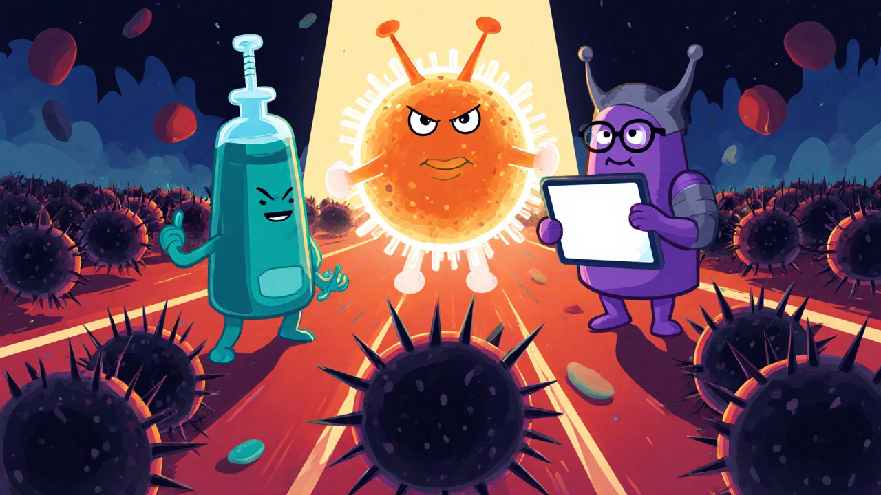 Rounded cartoon heroes—chemotherapy syringe, CAR‑T cell, and targeted drug—fighting malignant blood cells.