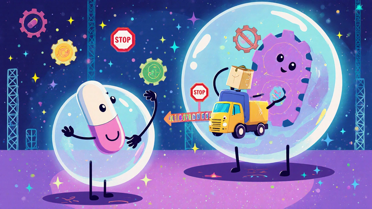Rounded ribosome factory with minocycline blocking a tRNA truck at the 30S subunit.