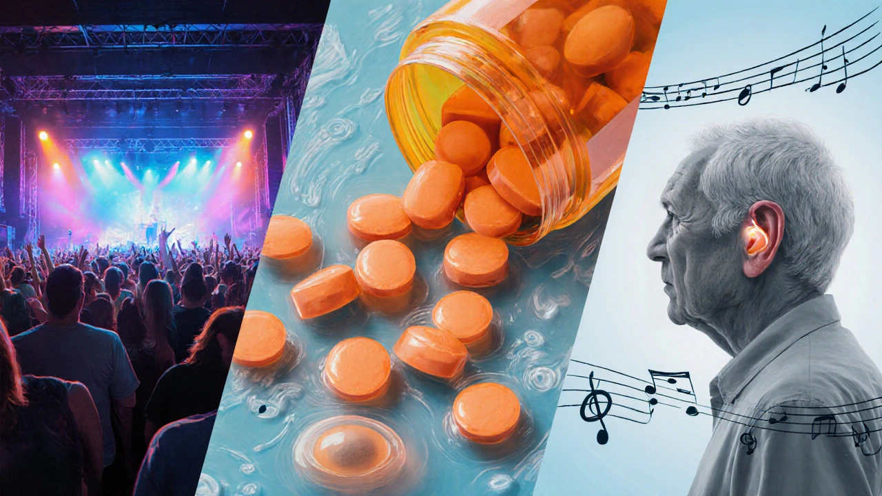Split scene showing noise exposure at a concert, ototoxic pills, aging, and inner‑ear issues.