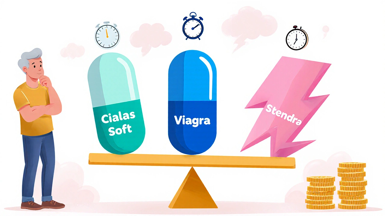 Three cartoon pill characters on a balance scale with visual cues for speed, duration, and cost.