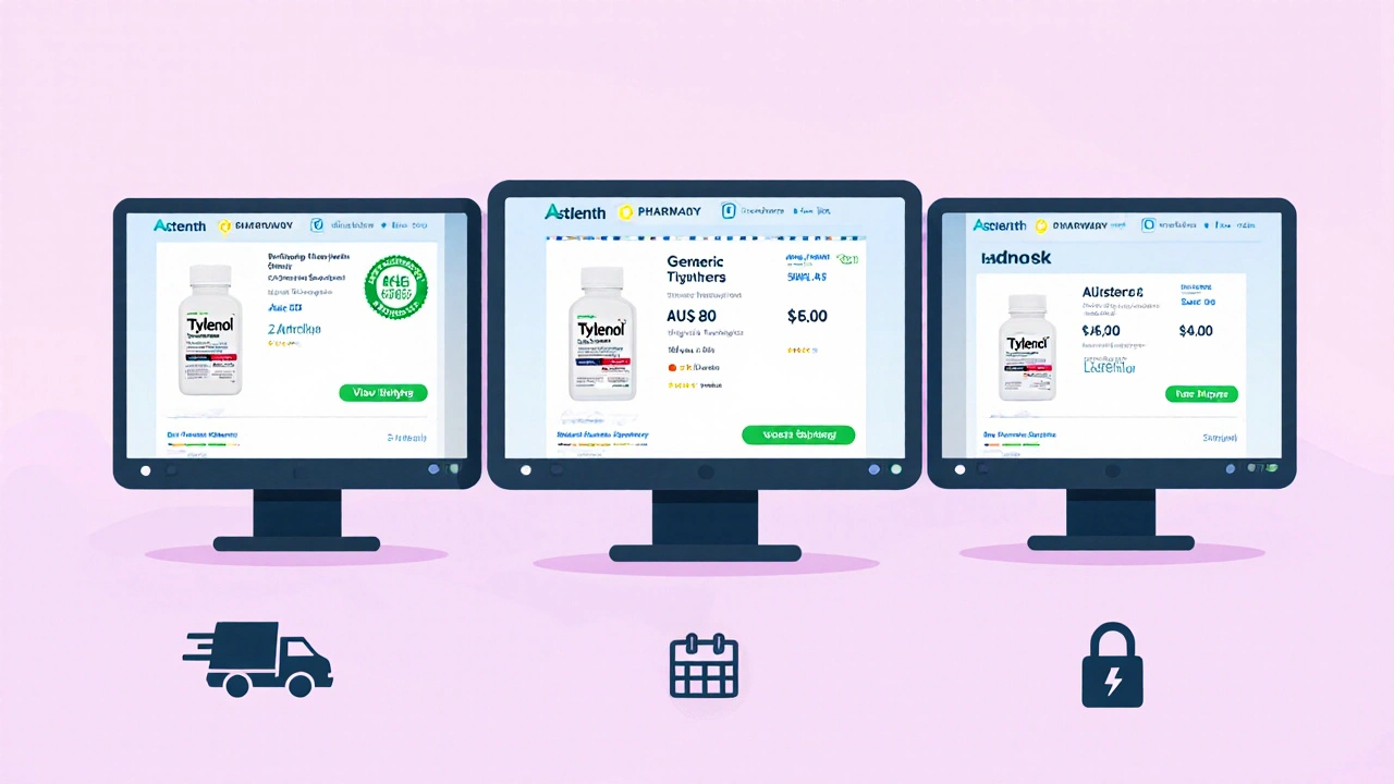 Three side‑by‑side screens comparing pharmacy prices, TGA badge, and shipping icons.