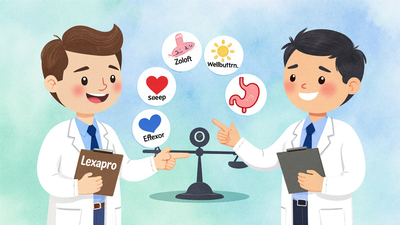 Two doctors comparing antidepressants on a scale with side effect icons floating around them.