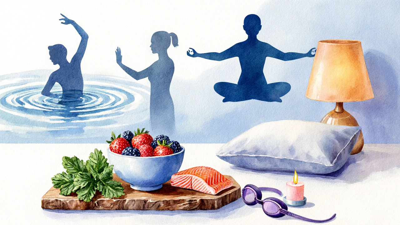 Watercolor still life of berries, salmon, greens, swim goggles, tai chi figure, lamp, and candle representing self‑care pillars.