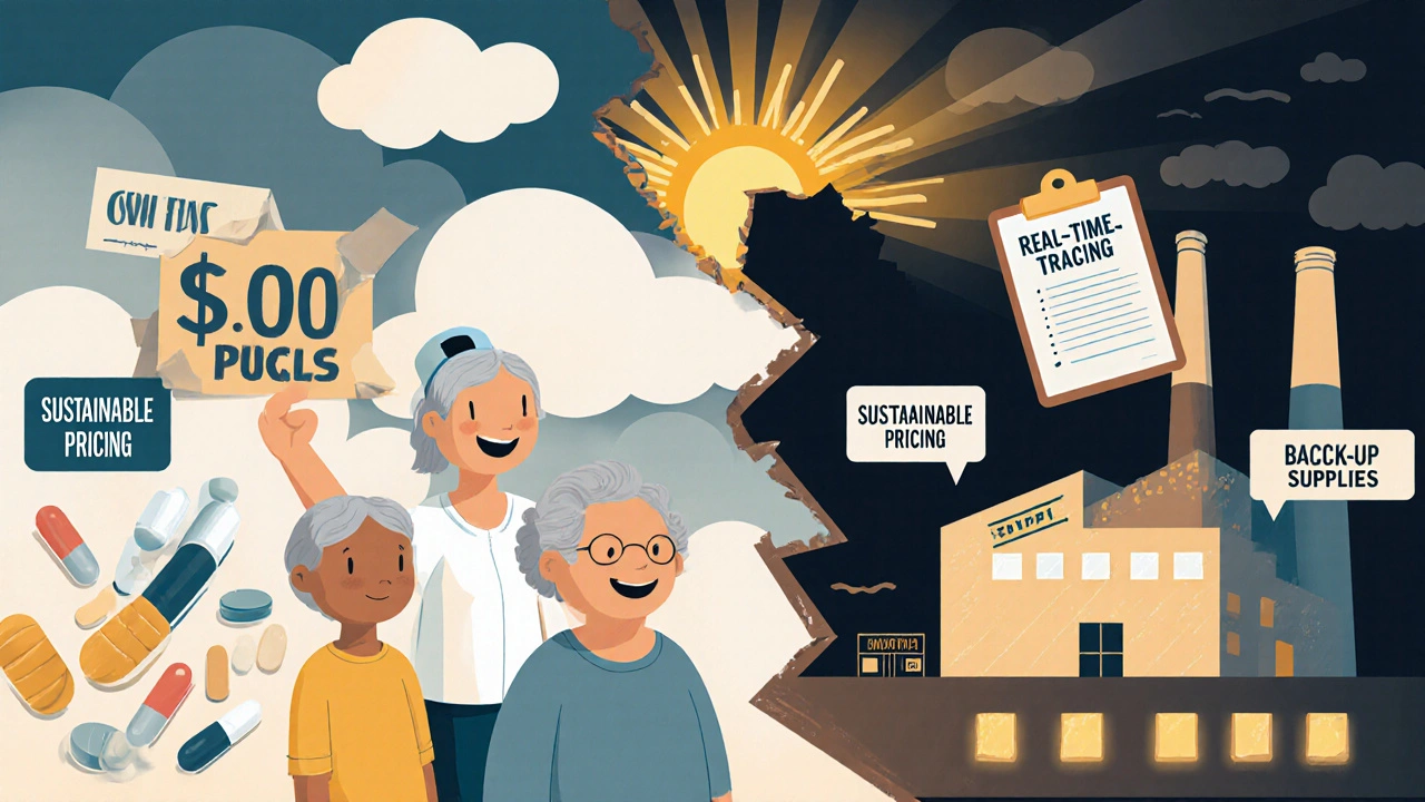 A child, elder, and nurse stand under a broken supply chain bridge, with a hopeful U.S. factory on the other side.