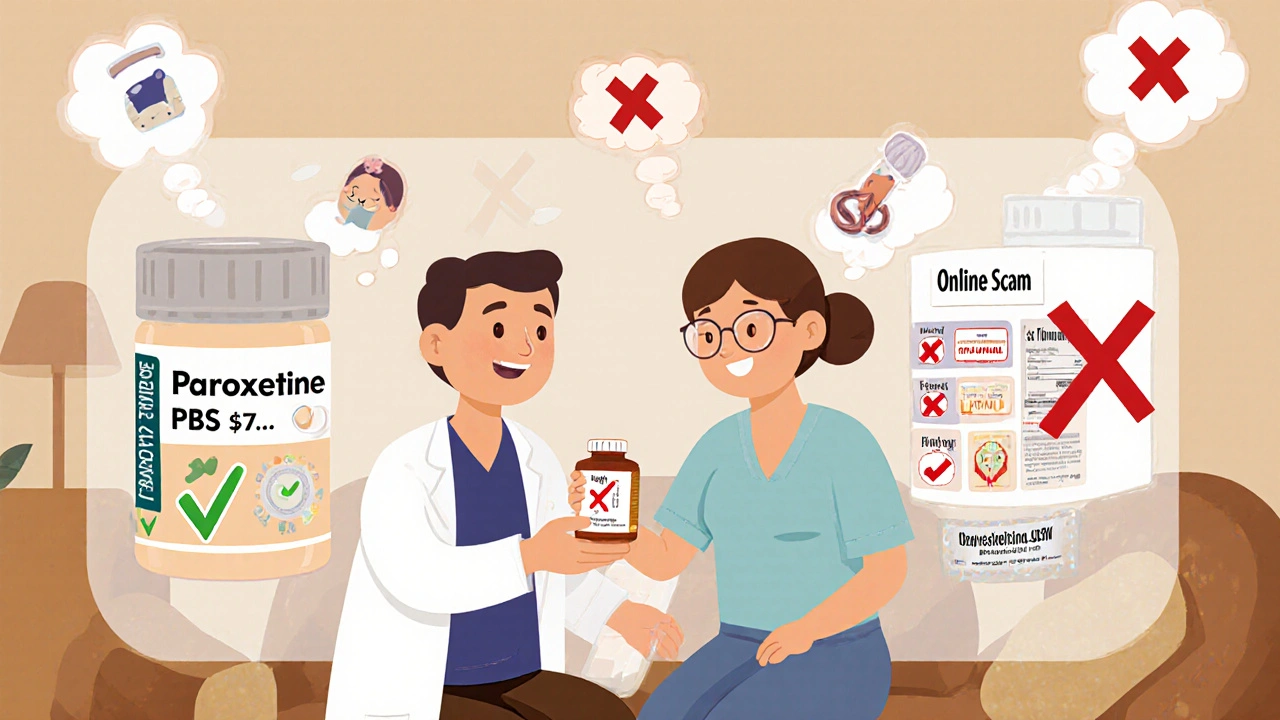 A doctor gives a patient a low-cost PBS prescription for paroxetine in a warm clinic setting.