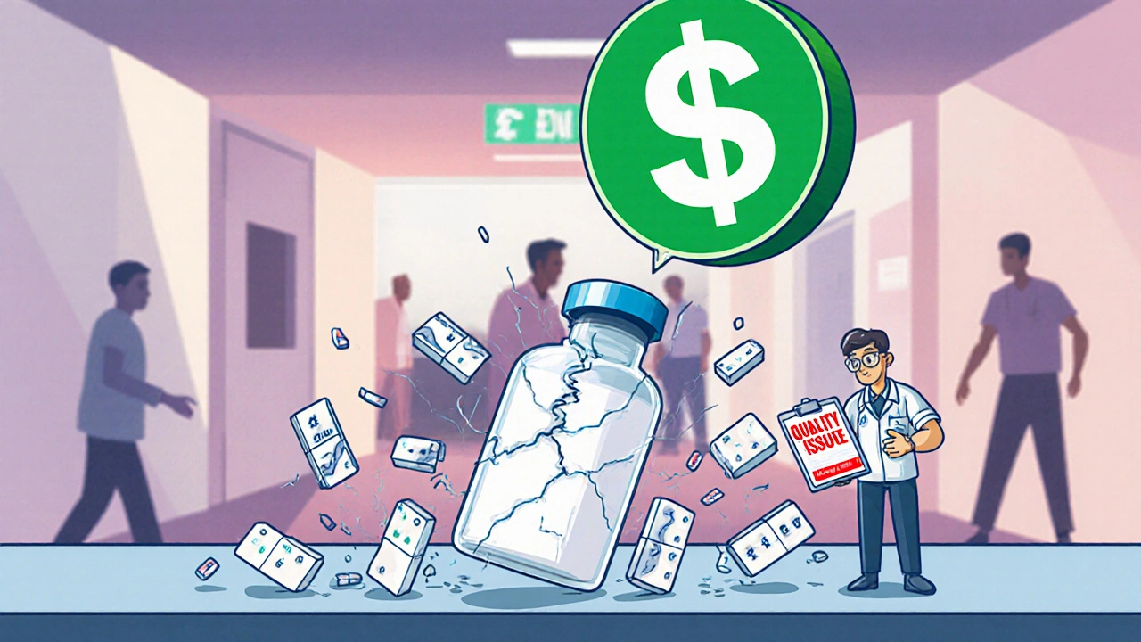 A fragile vial cracks as factories collapse, with a fading dollar sign above and a hospital in the background.