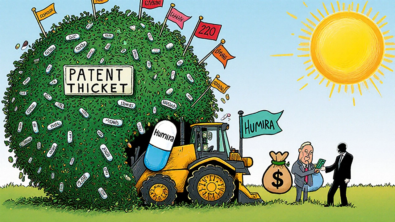 A generic pill struggles through a thicket of hundreds of patents, while patients receive affordable medicine in the distance.