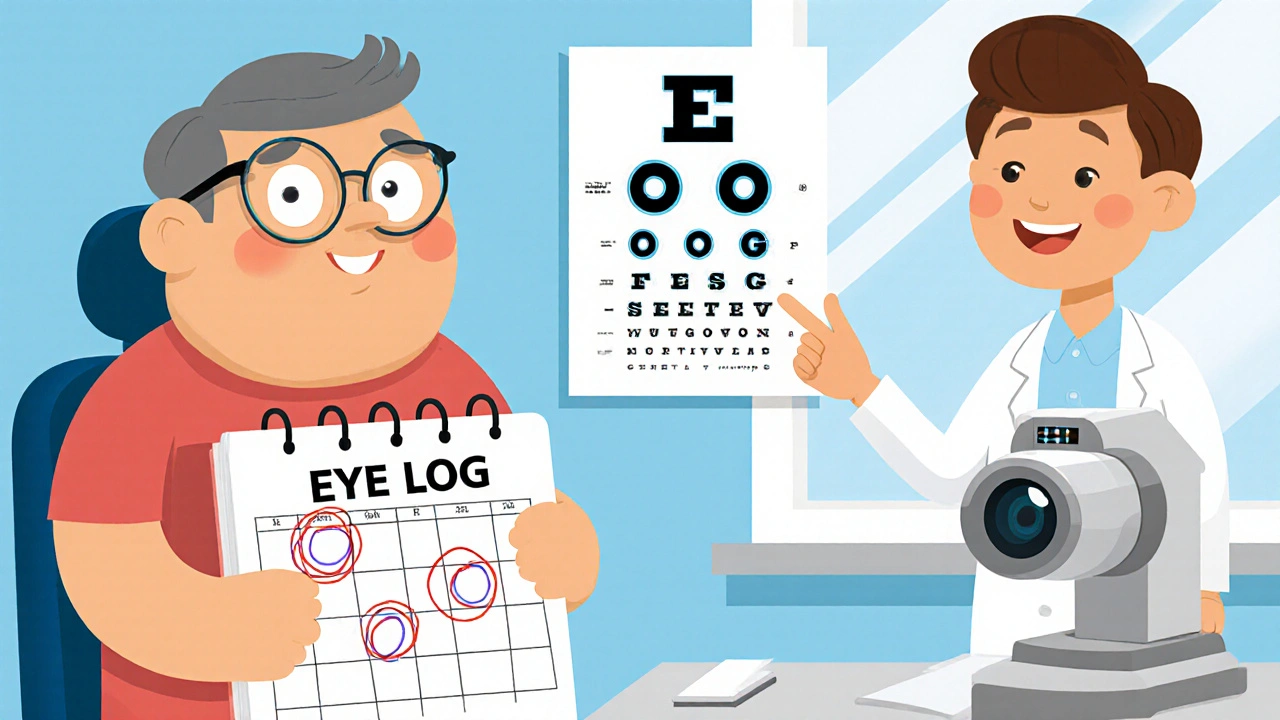 A patient tracking eye check-ups with a doctor showing a vision test chart.