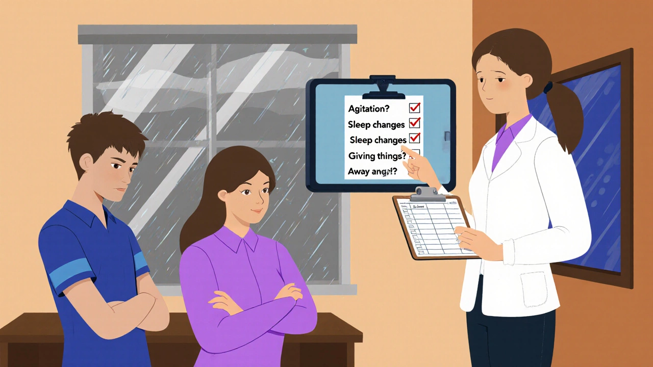 A psychiatrist and school counselor discussing a teen&#039;s medication monitoring via video call in a calm office.