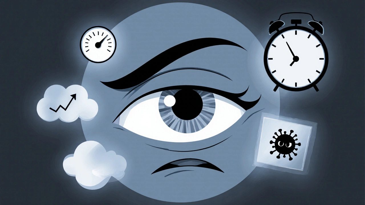 A worried eye surrounded by hidden dangers like rising pressure and cataract clouds.