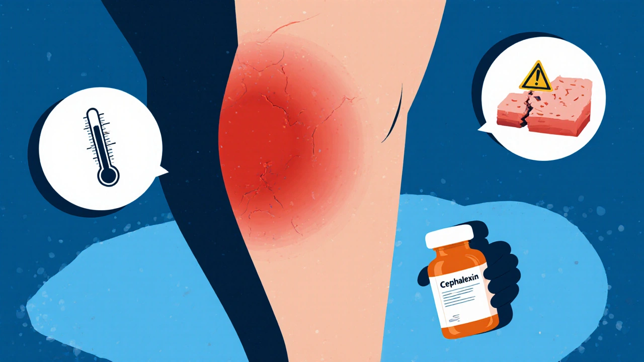 Adult with spreading red swelling on leg, medical icons showing infection and antibiotic