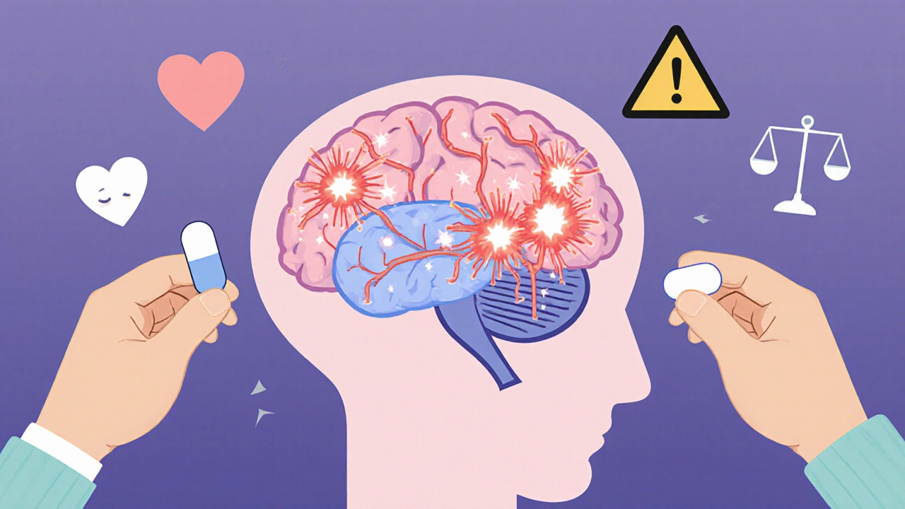 Brain with glowing pathways being balanced by lithium and antipsychotic medications.